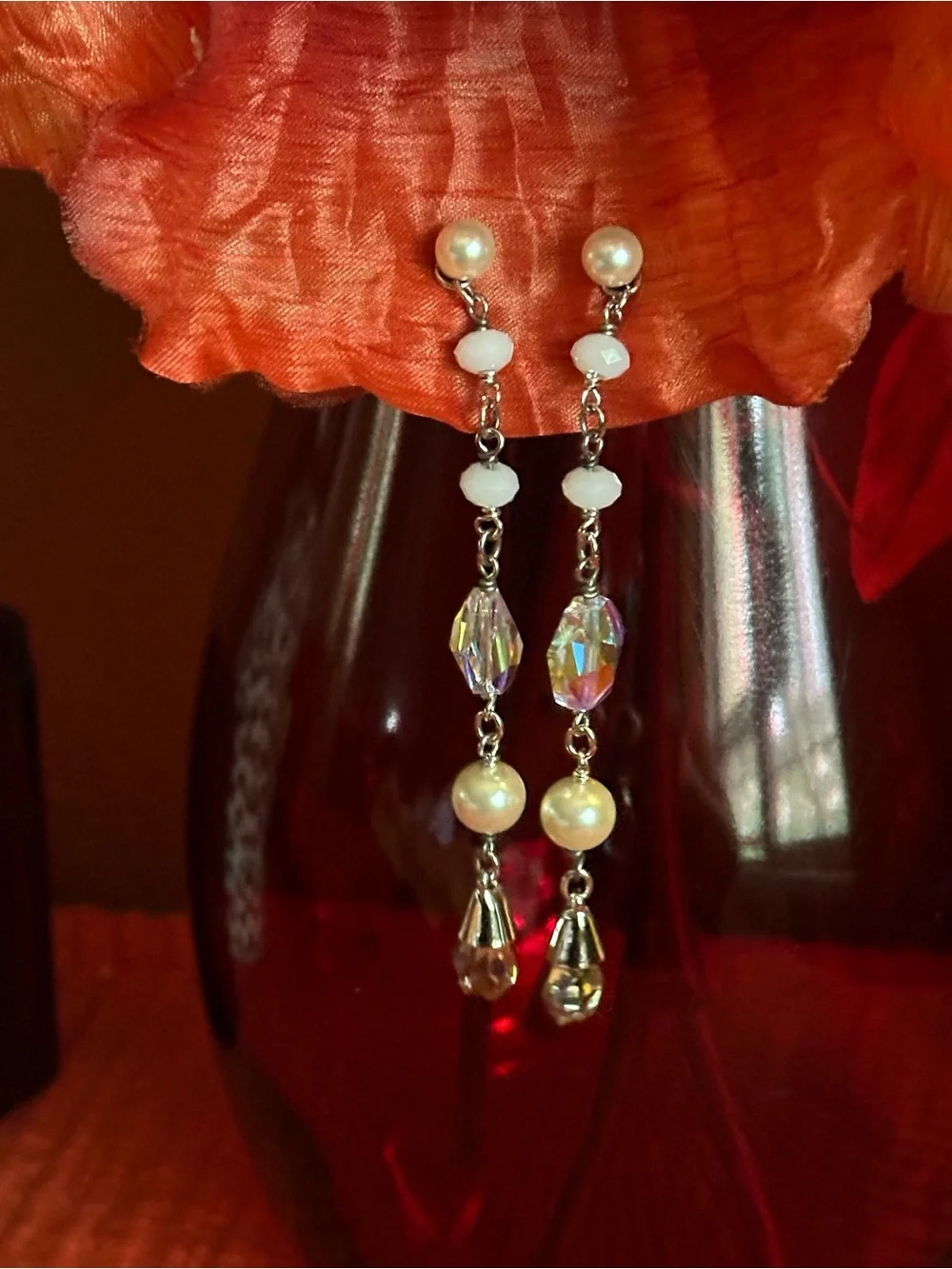 Vintage Swarovski Elegant White Pearl & Crystal Drop Earrings